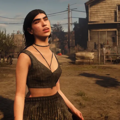 Image similar to Dua Lipa as a mafia mob in Red Dead Redemption 2 videogame, rockstar games, gameplay, 4k