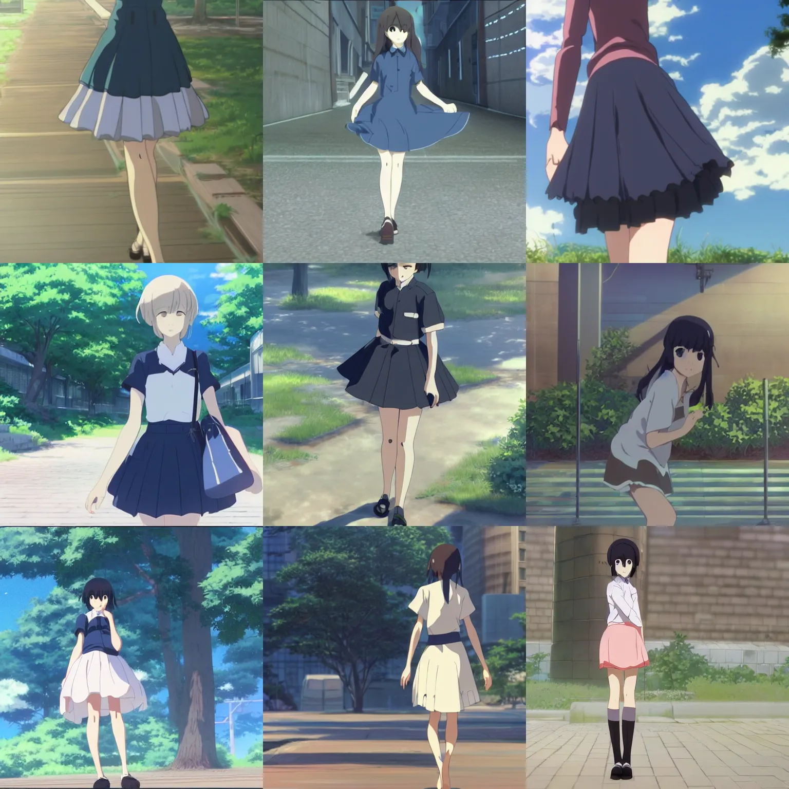 Prompt: beautiful short skirt, have a sense of design, animation, by makoto shinkai