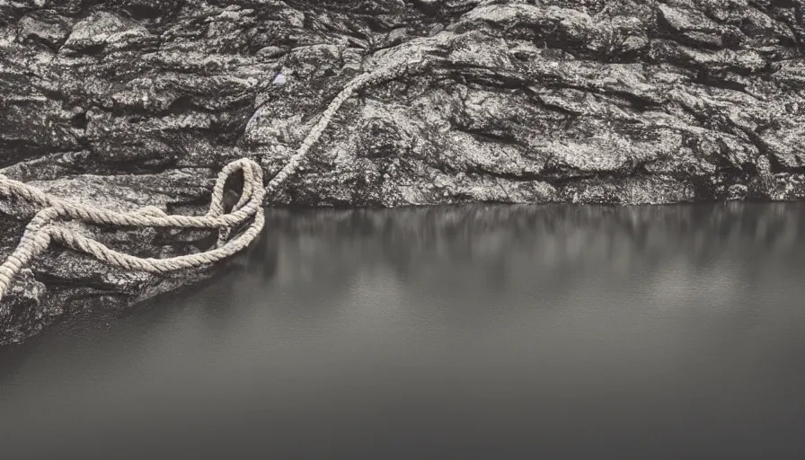 Image similar to wide shot of a rope on the surface of water, in the middle of a lake, overcast day, rocky foreground, 2 4 mm leica anamorphic lens, moody scene, stunning composition, hyper detailed, color kodak film stock