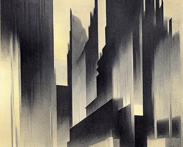 Image similar to painterly brush strokes. brutalism hybrid. hugh ferriss and john singer sargent