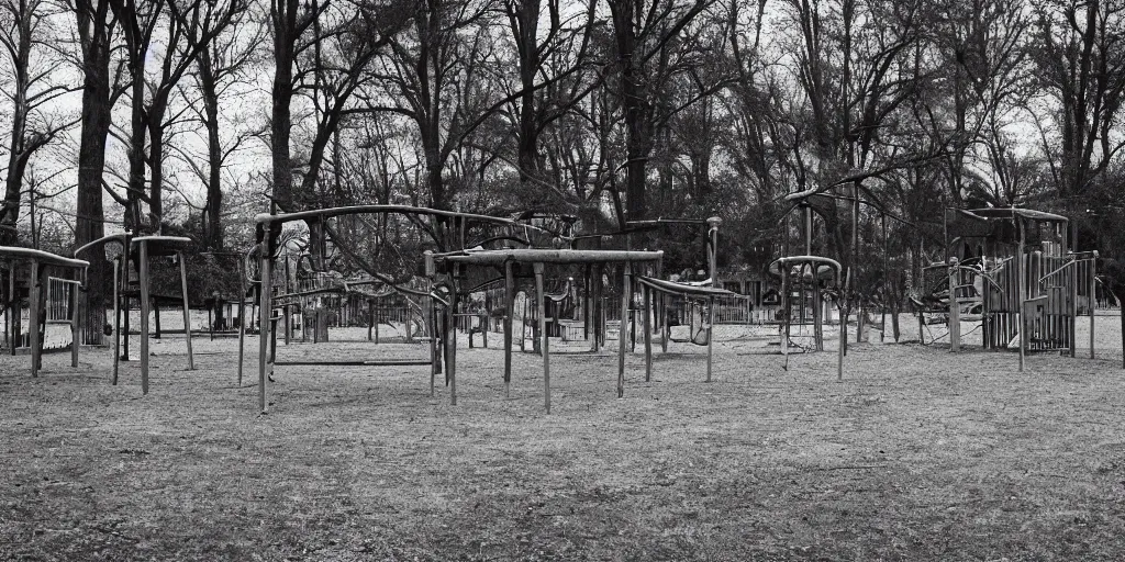 Prompt: a haunted playground from the 1930s full of ghosts at night, swings, horror movie aesthetic, evil, cinematic