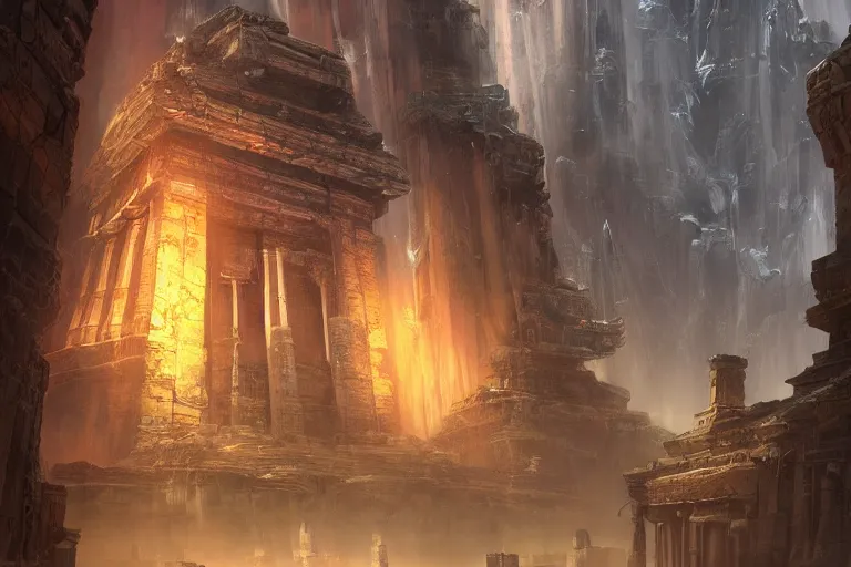 Prompt: the ancient temple, in the style of stephan martiniere and vicente segrelles, trending on artstation, back lighting tilt - shift cottagecore, abstract illusionism, movie poster, creature concept art, precisionism