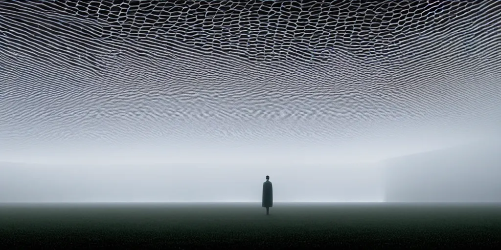 Image similar to white honeycomb organic illuminated building with warm illumination inside by kendall buster sits on the field evening atmosphere in low fog, 4 k, insanely quality, highly detailed, film still from the movie directed by denis villeneuve with art direction by zdzisław beksinski, telephoto lens, shallow depth of field