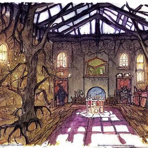 Image similar to interior, the hall in the castle decorated for halloween, in a small clearing among trees, drawn by hayao miyazaki, watercolor illustration for a book