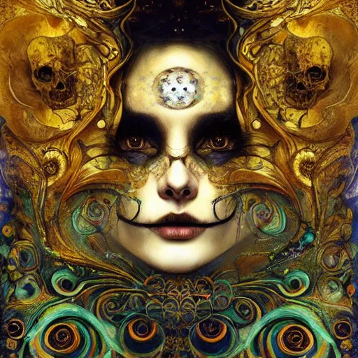 Image similar to Memento Mori by Karol Bak, Jean Deville, Gustav Klimt, and Vincent Van Gogh, beautiful visionary mystical portrait, calavera, otherworldly, fractal structures, ornate gilded medieval icon, third eye, spirals, sugar skull