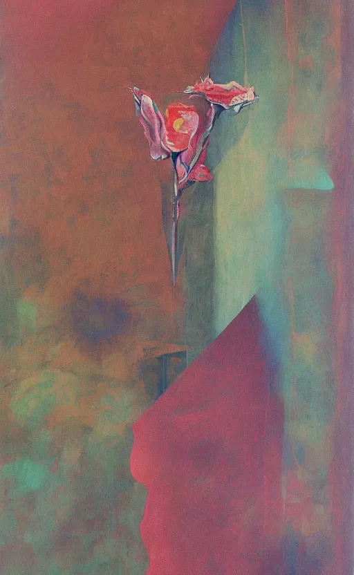 Prompt: gives a flower in an empty room in the style of constructivism, blurred, grotesque, doomed, neural acrylic paint, high resolution, gouache on canvas, ultra detailed, vibrant colors, grotesque, wrapped thermal background, slimey, art by francis bacon, hiremy - hirschl painting