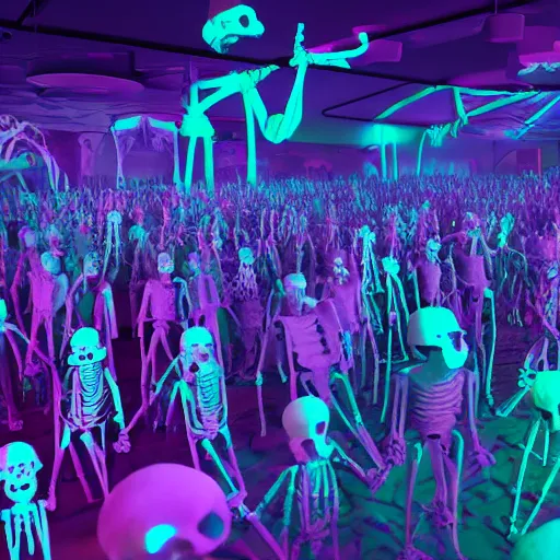 Prompt: photo, a giant crowd of claymation skeletons by ray harryhausen dancing inside a colorful futuristic synthwave night club, edge lighting, ray traced lighting