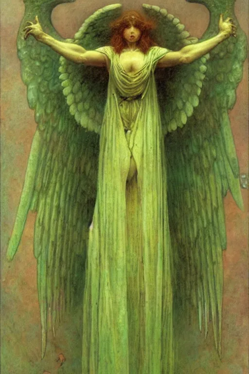 Image similar to a portrait of archangel raphael in a green toga by wayne barlowe, gustav moreau, goward,  Gaston Bussiere and roberto ferri, santiago caruso, and austin osman spare, ((((occult art))))