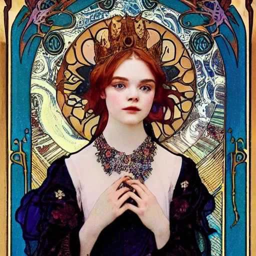 Image similar to elle fanning portrait by louis - theophile hingre and alphonse mucha, realistic, sharp focus, zodiac signs, tarot cards, planets, ethereal, art nouveau, magic, moon, sun, crown, dreamy, royal, jewellery