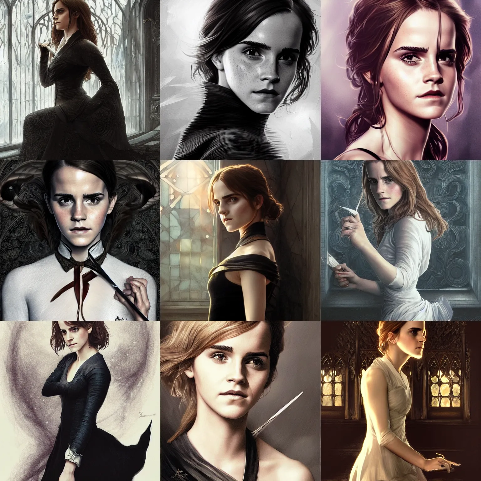 Prompt: ultra realistic illustration, emma watson in black room with harry potter, intricate, elegant, highly detailed, digital painting, artstation, concept art, smooth, sharp focus, illustration, art by artgerm and greg rutkowski and alphonse mucha