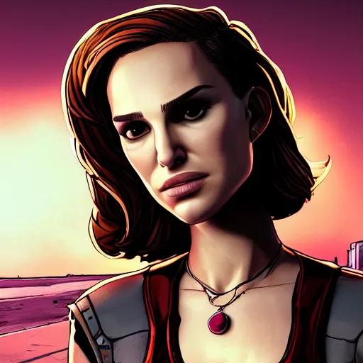 Image similar to natalie portman portrait, borderlands, tales from the borderlands, the wolf among us, comic, cinematic lighting, studio quality, 8 k