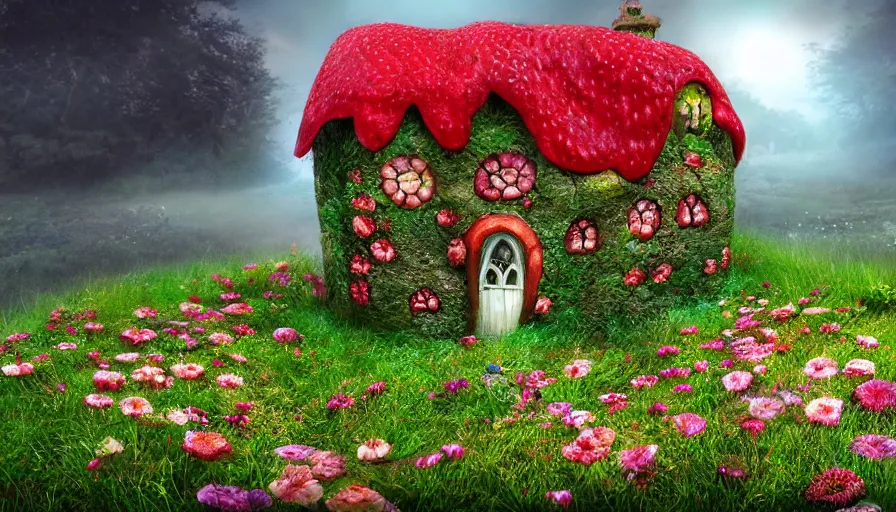 Prompt: fantasy cottage made of strawberry on a hill covered with magical floral meadow partially covered with fog, photo realistic image, super detailed, 4K,cinematic look