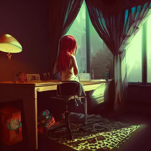 Prompt: prompt : gamer girl, bedroom desk, site - specific art, moody lighting, volumetric light, ray tracing global illumination, insanely detailed and intricate, hypermaximalist, elegant, ornate, hyper realistic, super detailed, artstation, by yaoy kusama