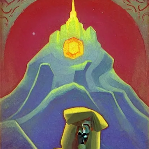 Image similar to Nicholas Roerich oil painting called Dwarf Almighty 1925 bright colors fear and reverence