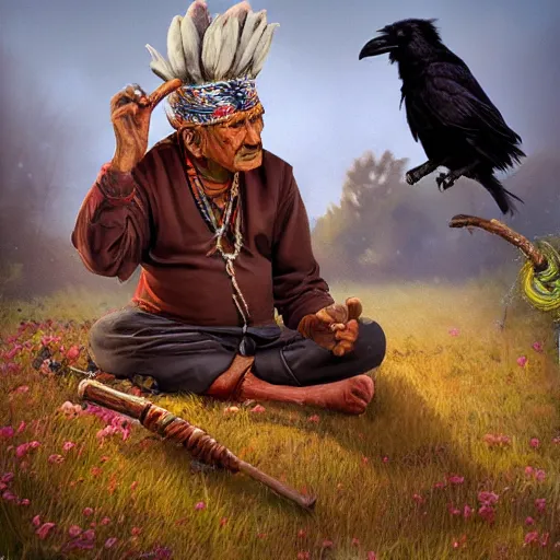 Image similar to n elderly indian don juan is sitting in a field with peyote and smoking a pipe, a raven walks next to him, beautiful fantasy detailed trending on artstation, oil painting, dramatic lighting, eterea, high quality print, fine art with subtle redshift rendering