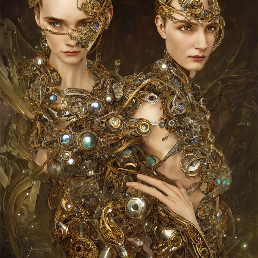 Prompt: organic cyborg, bulgari jewelry design, diffuse lighting, fantasy, intricate, elegant, highly detailed, lifelike, photorealistic, digital painting, artstation, illustration, concept art, smooth, sharp focus, art by john collier and albert aublet and krenz cushart and artem demura and alphonse mucha