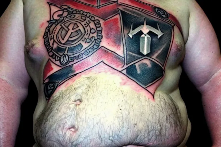 Image similar to world's ugliest tattoo of Mjölnir on a fat man's belly