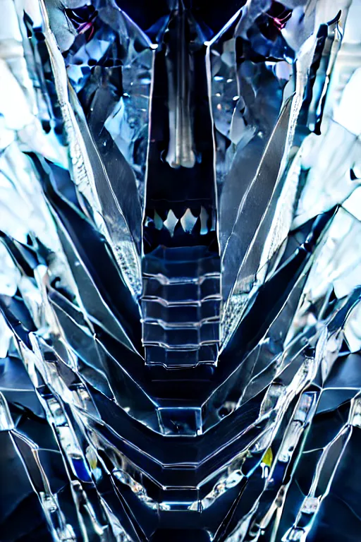 Image similar to hyperrealism, dreamland of chinese, ghost, sharp, slender and densely arranged teeth, futuristic, art deco, expressive, dystopian, cyberpunk, mecha, halfturn portrait of a big crystal face made of crystals half - turn, ominous, intricate, oc rendered, concept art, 4 k, sharp focus