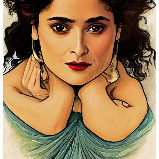 Image similar to salma hayek portrait, mucha style