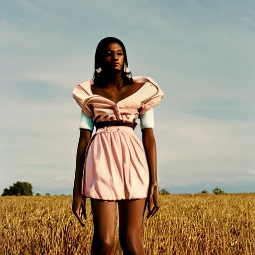 Image similar to realistic!!! photoshoot for a new dior lookbook, color film photography, portrait of a beautiful woman, location on a open field, in style of tyler mitchell, 35mm