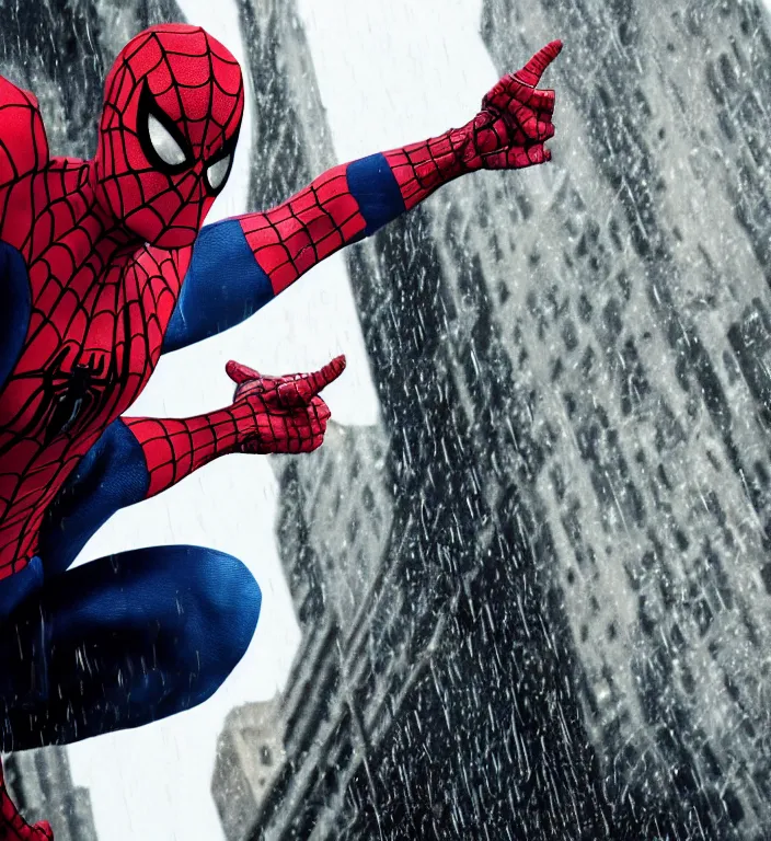 Image similar to cinematic of tobey maguire as spiderman, dramatic rain, 8 k