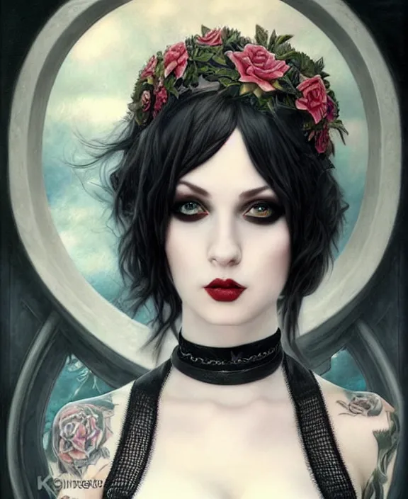 Image similar to two beautiful pale skin cosplay girls, gray eyes, black hair, fully tattooed body, fishnet corset with choker, symmetrical, beautiful detailed face, masterpiece, paint by karol bak