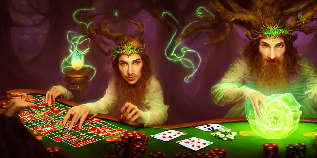 Image similar to a mythical, magical forest spirit wizard rolling d 6 casino dice, glowing energy, fantasy magic, by willian murai and jason chan and marco bucci, hyper detailed and realistic, illustration, sharp focus, cinematic, rule of thirds, foresthour