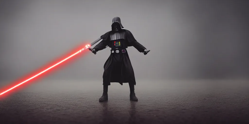 Prompt: sith lord with lightsaber, no darth vader, fog on the ground, heavy rain, lightning, moody lighting, shallow depth of field,