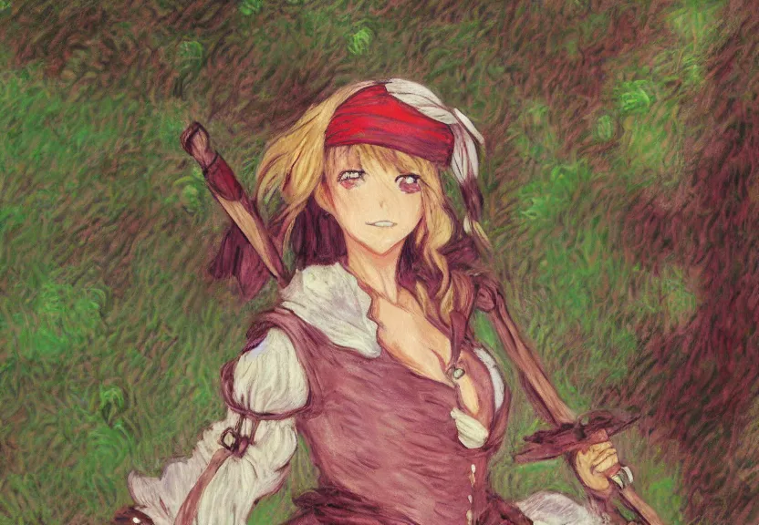 Image similar to wide angle perspective of a female pirate, centered, single subject, a thrifty uniform, somewhat of an anime in impressionist style, trending artwork, made with anime painter studio, by claude monet and an anime artist, collaboration