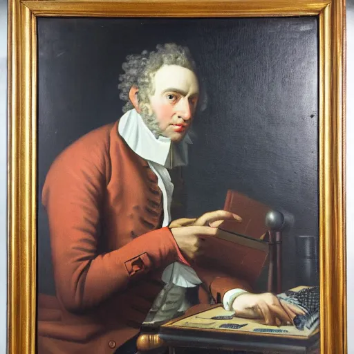 Image similar to 18th century portrait of a man sitting at his desk, frustrated with his computer, oil painting, very detailed, 4k, brush strokes
