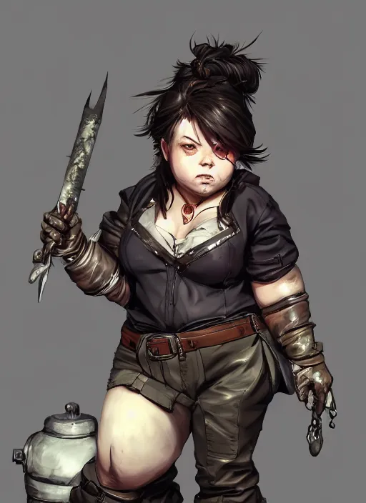 Prompt: portrait of a plumpy female dwarf mechanic in working clothes. in style of yoji shinkawa and hyung - tae kim, trending on artstation, dark fantasy, great composition, concept art, highly detailed, dynamic pose, vibrant colours.