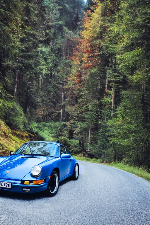 Prompt: Photo of a Porsche 911 Carrera 3.2 on a winding road through mountains and forests, volumetric lighting, highly detailed, technicolor.