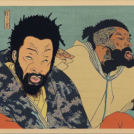 Image similar to ODB wu-tang rapping, portrait, style of ancient text, hokusai