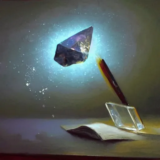 Prompt: magical crystal on a desk, painting, by greg rutkowski