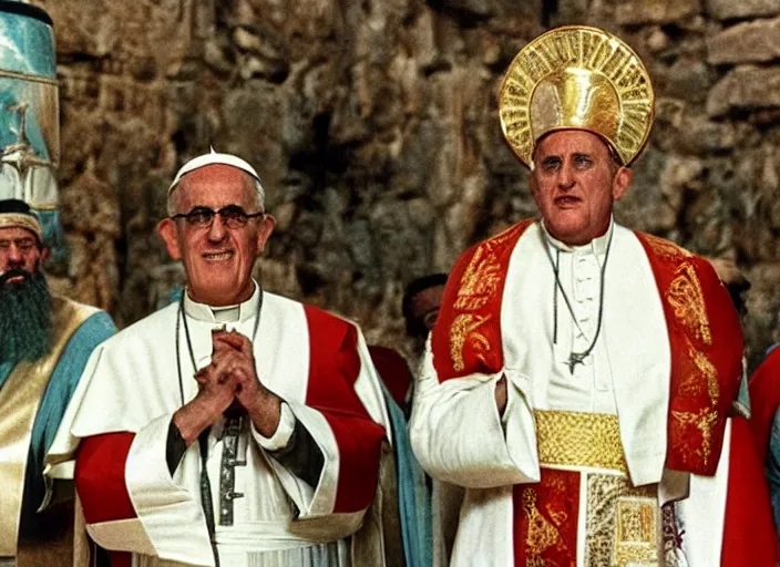 Image similar to a film still of the pope in agypsian style as the faraoh, in the 1 0 commandments ( 1 9 5 6 ), technicolor color