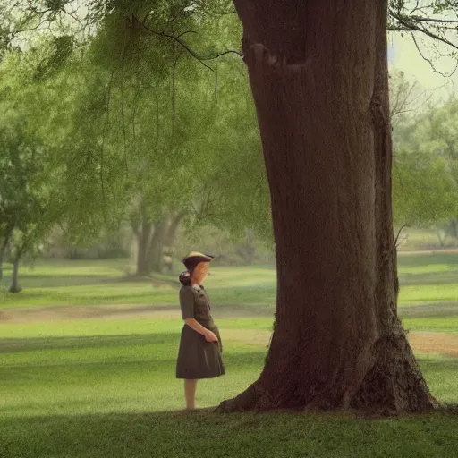 Image similar to a woman standing next to a tree in a park, a character portrait by edward simmons, tumblr, naturalism, movie still, character, photo