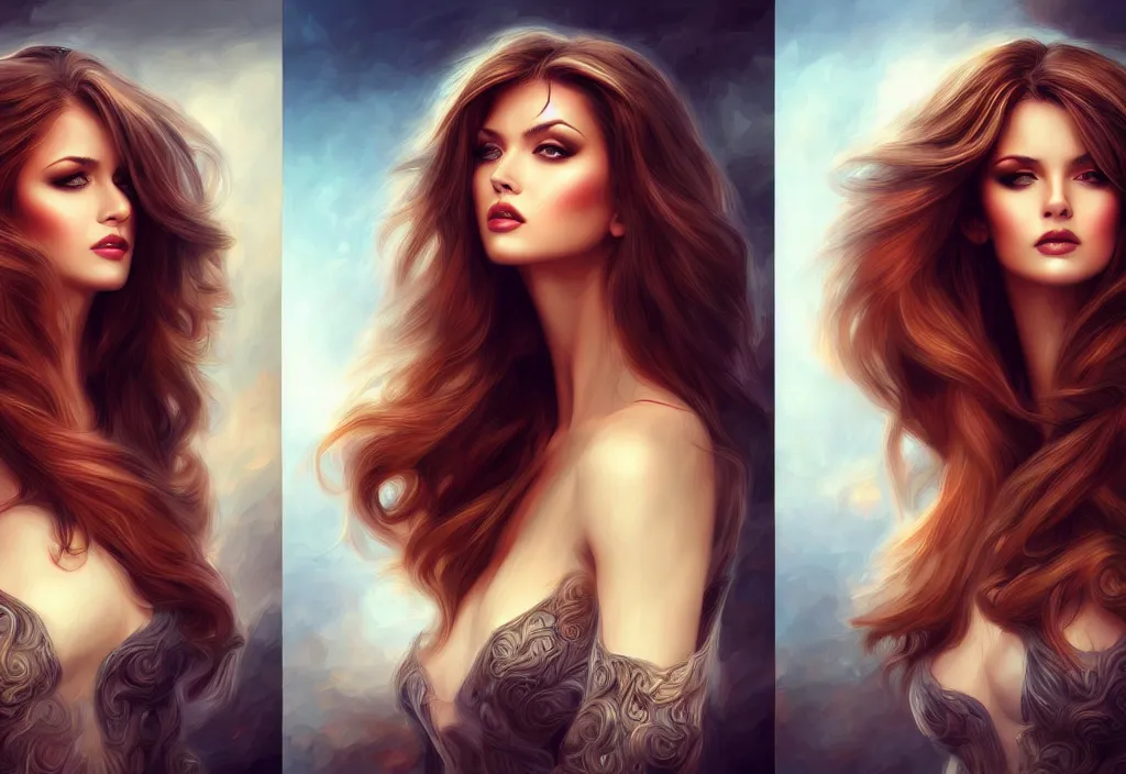 Prompt: picture split from the middle with an border, evil angels with different backrounds, intricate, elegant, highly detailed, realistic hair, centered, digital painting, art station, conceptual art, soft, sharp focus, illustration, artwork, artgerm, wlop, boris vallejo