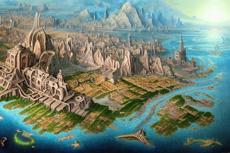 Prompt: a beautiful stunning insanely detailed complex matte painting of a magical mythical city at the edge of world by Heironymous Bosch and Jim Burns, a beautiful stunning insanely detailed complex matte painting of a magical mythical city at the edge of world by Heironymous Bosch and Jim Burns, by Noah Bradley, inspiration from old world maps, vintage