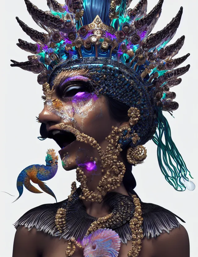 Image similar to 3 d goddess close - up profile portrait with crown, ram skull. beautiful intricately detailed punk japanese crow kitsune mask and clasical japanese kimono. betta fish, jellyfish phoenix, bio - luminescent, plasma, ice, water, wind, creature, artwork by tooth wu and wlop and beeple and greg rutkowski