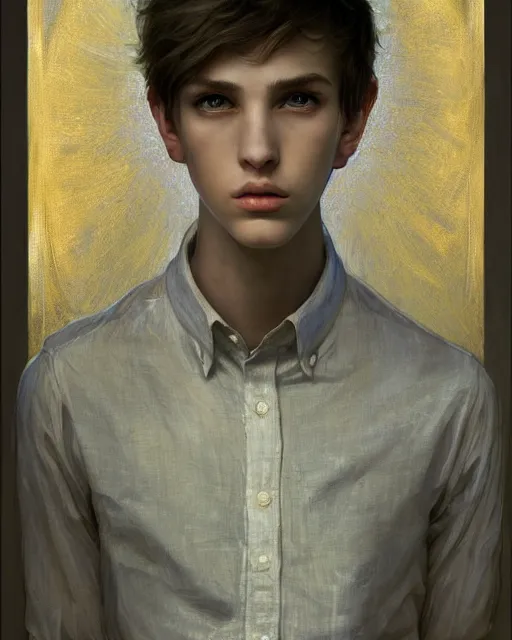 Image similar to portrait of 1 5 - year - old boy, a tall, slender boy with a pale, pointed face, sleek blond hair, and ice grey eyes, hyper realistic face, beautiful eyes, close up, fantasy art, in the style of greg rutkowski, intricate, alphonse mucha, hyper detailed, smooth