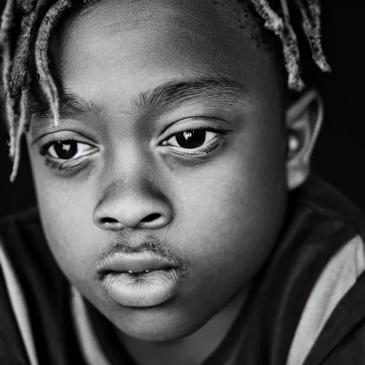 Image similar to the face of young juice wrld at 1 0 years old, black and white portrait by julia cameron, chiaroscuro lighting, shallow depth of field, 8 0 mm, f 1. 8