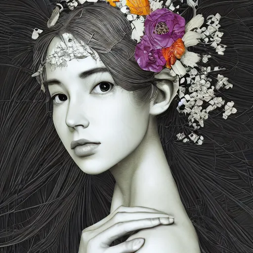 Image similar to the portrait of an absurdly beautiful, graceful, elegant, and wise young woman made of bananas and petals, an ultrafine detailed illustration by kim jung gi, irakli nadar, intricate linework, bright colors, octopath traveler, final fantasy, angular, unreal engine 5 highly rendered, global illumination, radiant light, detailed and intricate environment