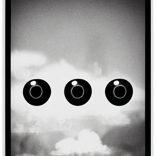 Image similar to a print of three realistic eyes floating in the sky over a city, high contrast, low key, black and white, vintage poster, film grain