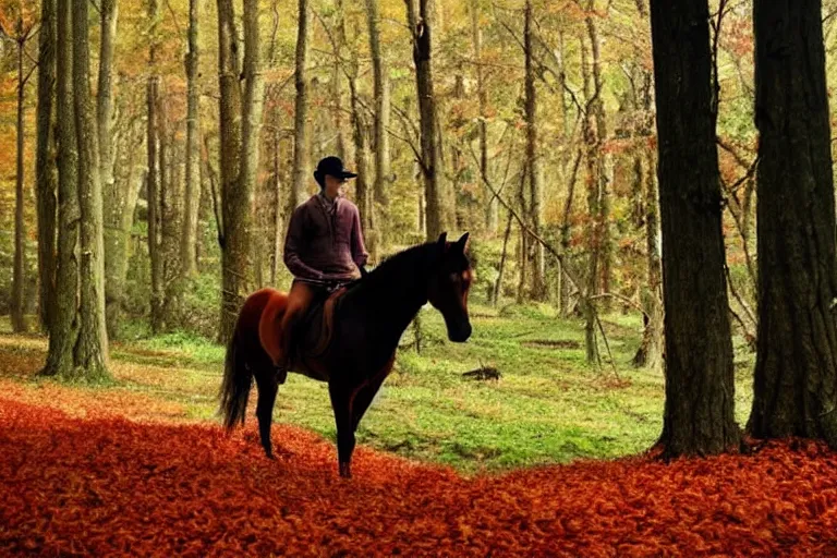 Prompt: attractive man riding a horse in the woods with falling red leaves, ghibli style