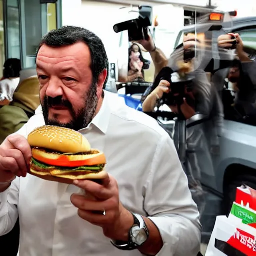 Image similar to Matteo Salvini eating a burger at McDonald’s, photograph, paparazzi