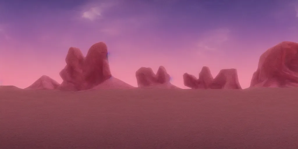 Image similar to artistic rendering of a cinematic shot of a scifi fantasy desertscape, beautiful pink sky, a purple - blue brutalist bulding, processing the soul of an ancient alien