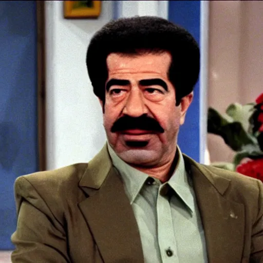 Prompt: A still of Saddam Hussein in a 1980s sitcom