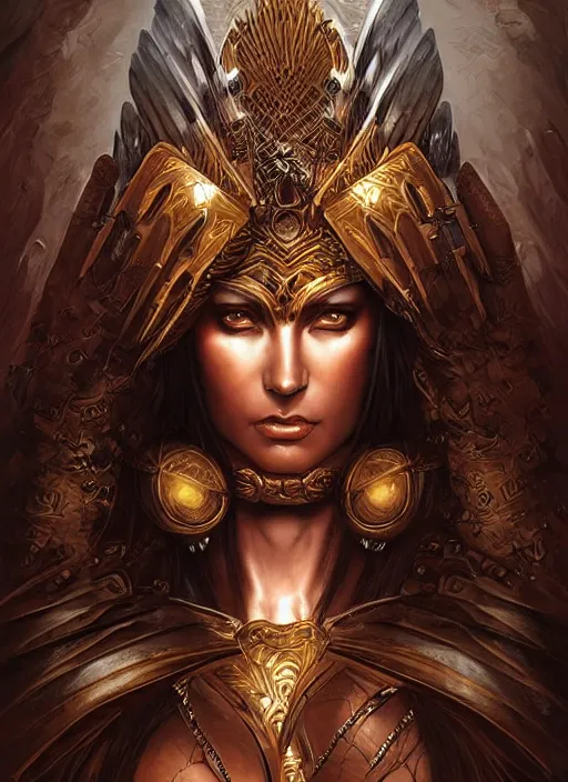 Image similar to a highly detailed symmetrical painting of a female amazon warrior with piercing beautiful eyes, dark tomb setting, dynamic lighting, ambient lighting, deviantart, art by artgerm and karol bak and mark brooks