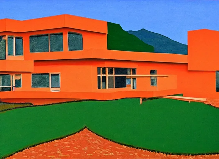 Image similar to painting of a frank lloyd wright house in the california desert by david hockney