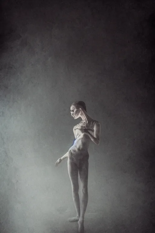 Image similar to dark ballerina, emil melmoth, concept art, deviantart, dark, 3 5 mm, chiaroscuro, surrealist, victorian, mist, rain, dark, on an empty stage from above, symmetrical face